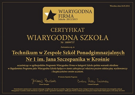 Technikum Nr 1 im. Jana Szczepanika w Krośnie otrzymało certyfikat: „Wiarygodna Szkoła”. - zdjęcie w treści 