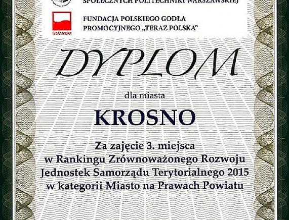 Dyplom dla Krosna w Rankinhu Zrównoważonego Rozwoju JST 2015