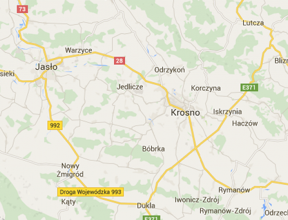 Fragment mapy Podkarpacia - trasa Krosno Jasło - Źródło grafika: Mapy Google