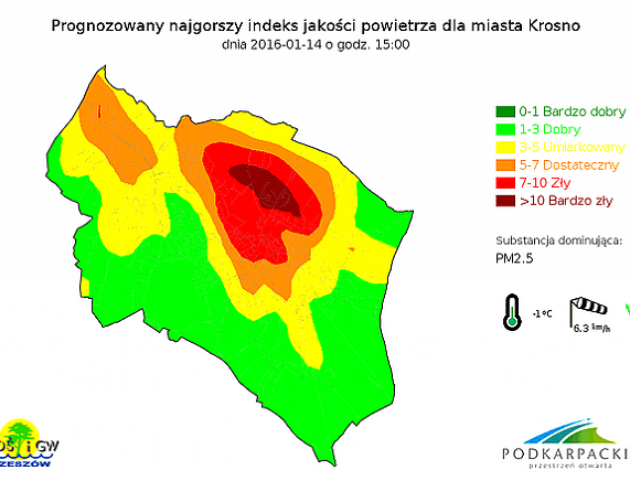 Grafika - Prognozowany stan jakości powietrza dla miasta Krosna na dzień 14.01.2016 godz. 15.00