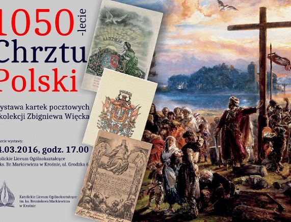 Plakat zapraszający na wystawę „1050-lecie Chrztu Polski” na kartkach pocztowych