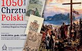 Plakat zapraszający na wystawę „1050-lecie Chrztu Polski” na kartkach pocztowych