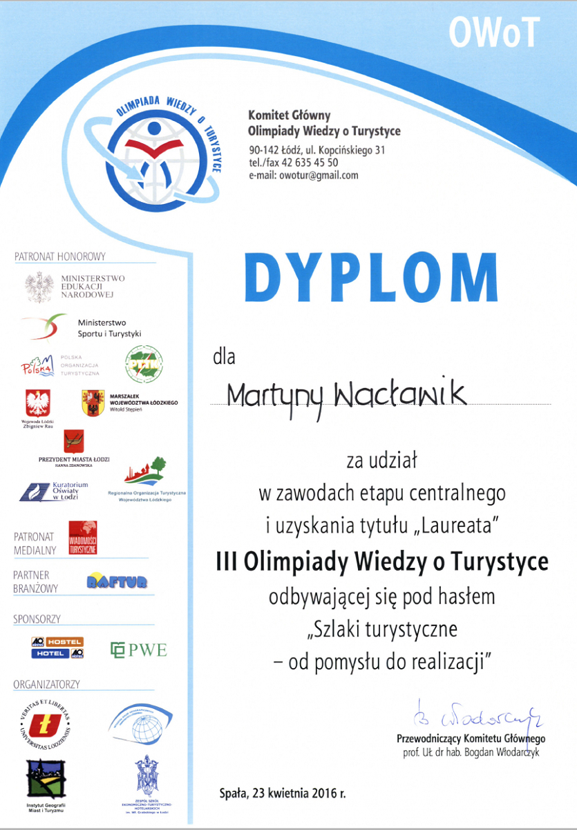 Uczennica ZSP Nr 1 w Krośnie laureatką Olimpiady Wiedzy o Turystyce - zdjęcie w treści  nr 2