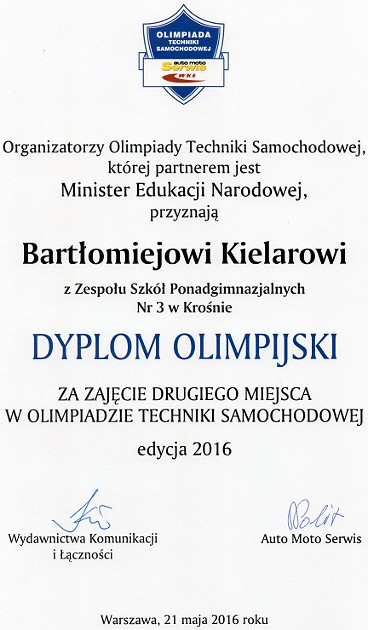 Uczeń  „Mechanika”  Wicemistrzem Polski  XVII edycji Olimpiady Techniki Samochodowej 2016 - zdjęcie w treści  nr 1