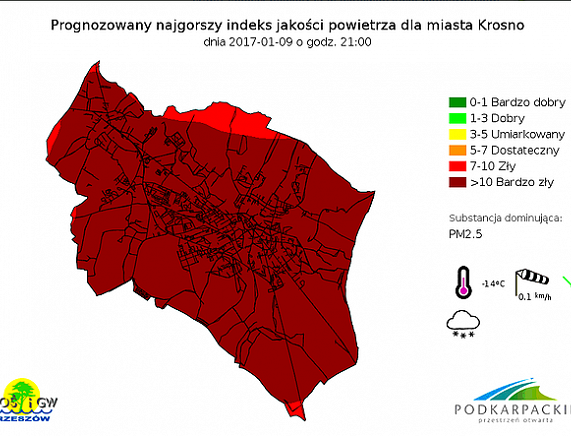 Mapa zanieczyszczenia powietrza dla miasta Krosna na dzień 9.01.2017 r.