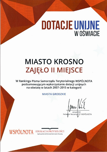 KROSNO wyróżnione za wykorzystanie funduszy unijnych na oświatę - zdjęcie w treści 