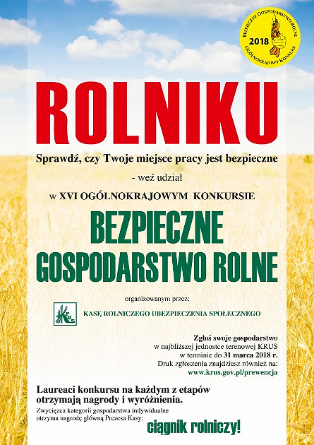 KRUS zaprasza do udziału w Ogólnokrajowym Konkursie Bezpieczne Gospodarstwo Rolne - zdjęcie w treści 