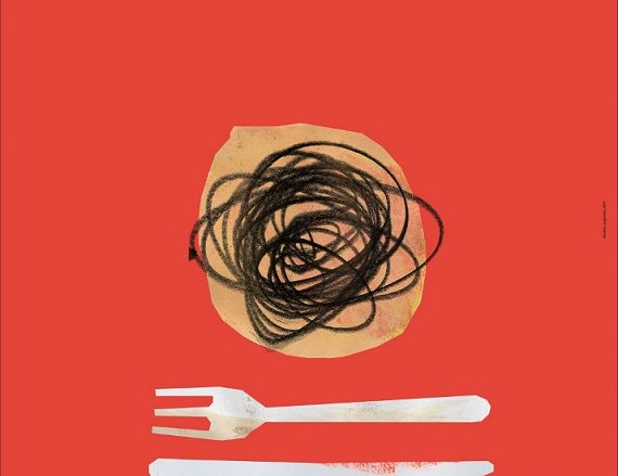 Grafika - talerz spagetti, nóż i widelec