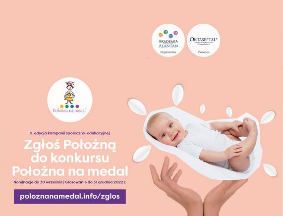 Grafika - 9. edycja konkursu Położna na medal - niemowlę, ręce logotypy partnerów
