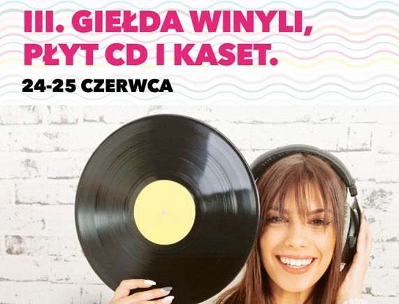 Giełda muzyczna w VIVO! Krosno - plakat - Kobieta w słuchawkach i z płytą winylową w ręce
