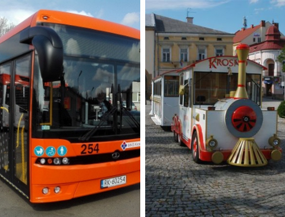 Zdjęcie autobusu miejskiego i kolejki turystycznej