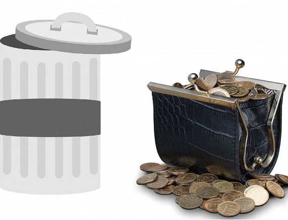 Grafika - kosz na odpady i portmonetka z monetami - źródło pixabay