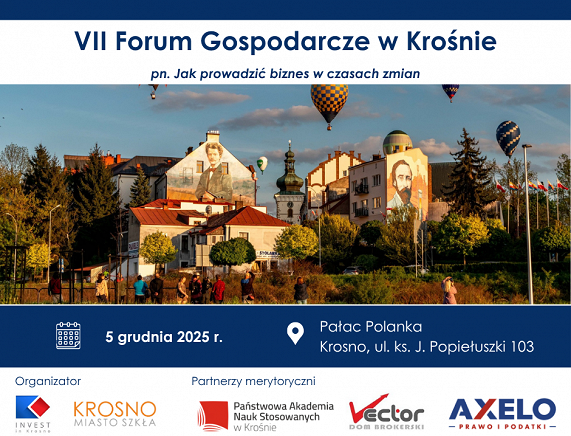 Plakat Forum Gospodarczego - zdjęcie Rynku Krosna z balonami w tle, napis: VII Forum Gospodarcze w Krośnie pn. Jak prowadzić biznes w czasach zmian, loga organizatora i partnerów